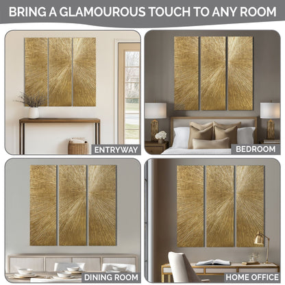 Ensemble de 3 tableaux muraux en résine multidimensionnelle, style triptyque, à motif de soleil rayonnant, peint à la main, de la marque Madison Park Signature.