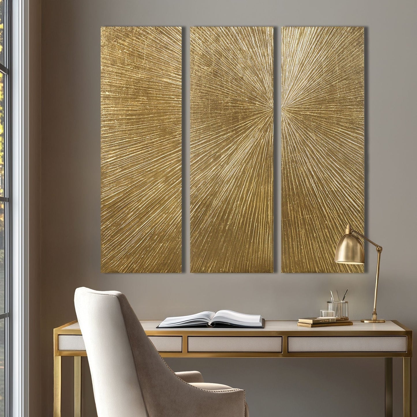 Ensemble de 3 tableaux muraux en résine multidimensionnelle, style triptyque, à motif de soleil rayonnant, peint à la main, de la marque Madison Park Signature.