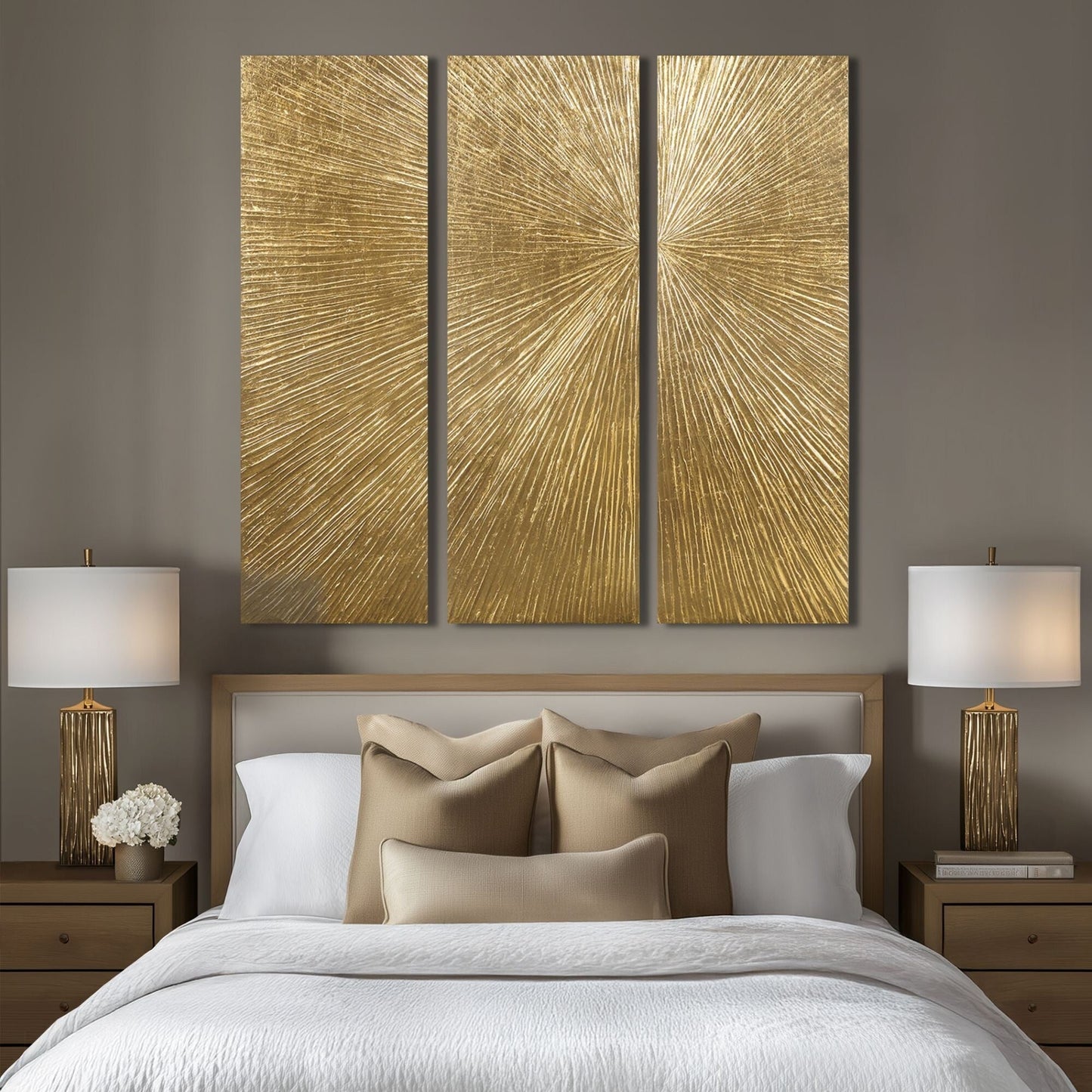 Ensemble de 3 tableaux muraux en résine multidimensionnelle, style triptyque, à motif de soleil rayonnant, peint à la main, de la marque Madison Park Signature.