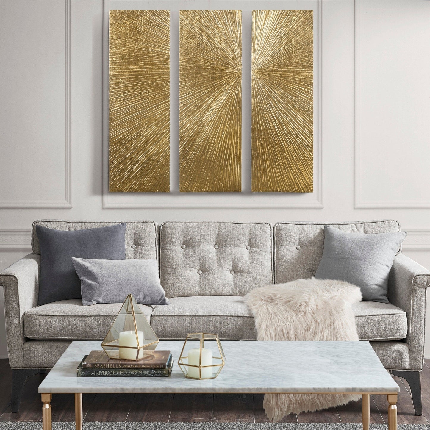 Ensemble de 3 tableaux muraux en résine multidimensionnelle, style triptyque, à motif de soleil rayonnant, peint à la main, de la marque Madison Park Signature.