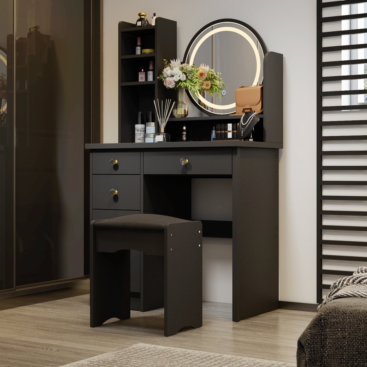 Ensemble de coiffeuse avec miroir à écran tactile et tabouret