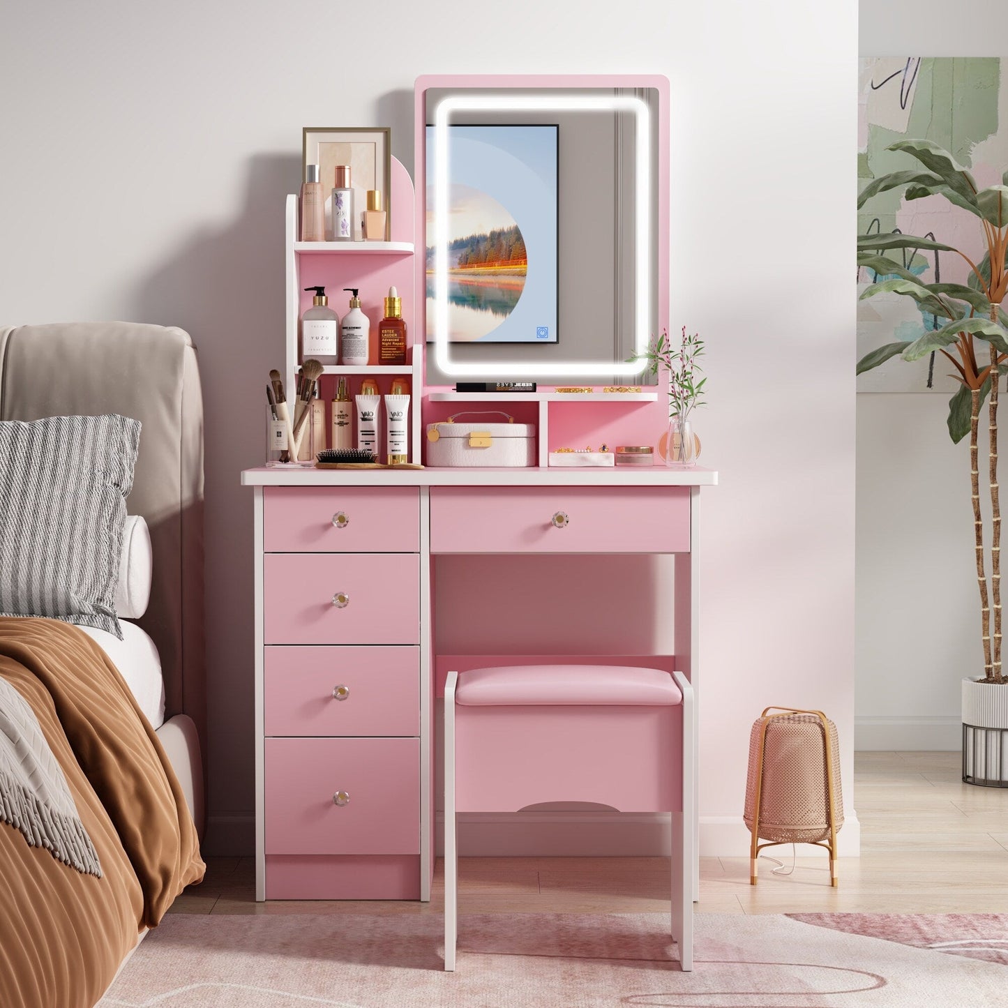 Table de maquillage avec miroir et tabouret à éclairage LED