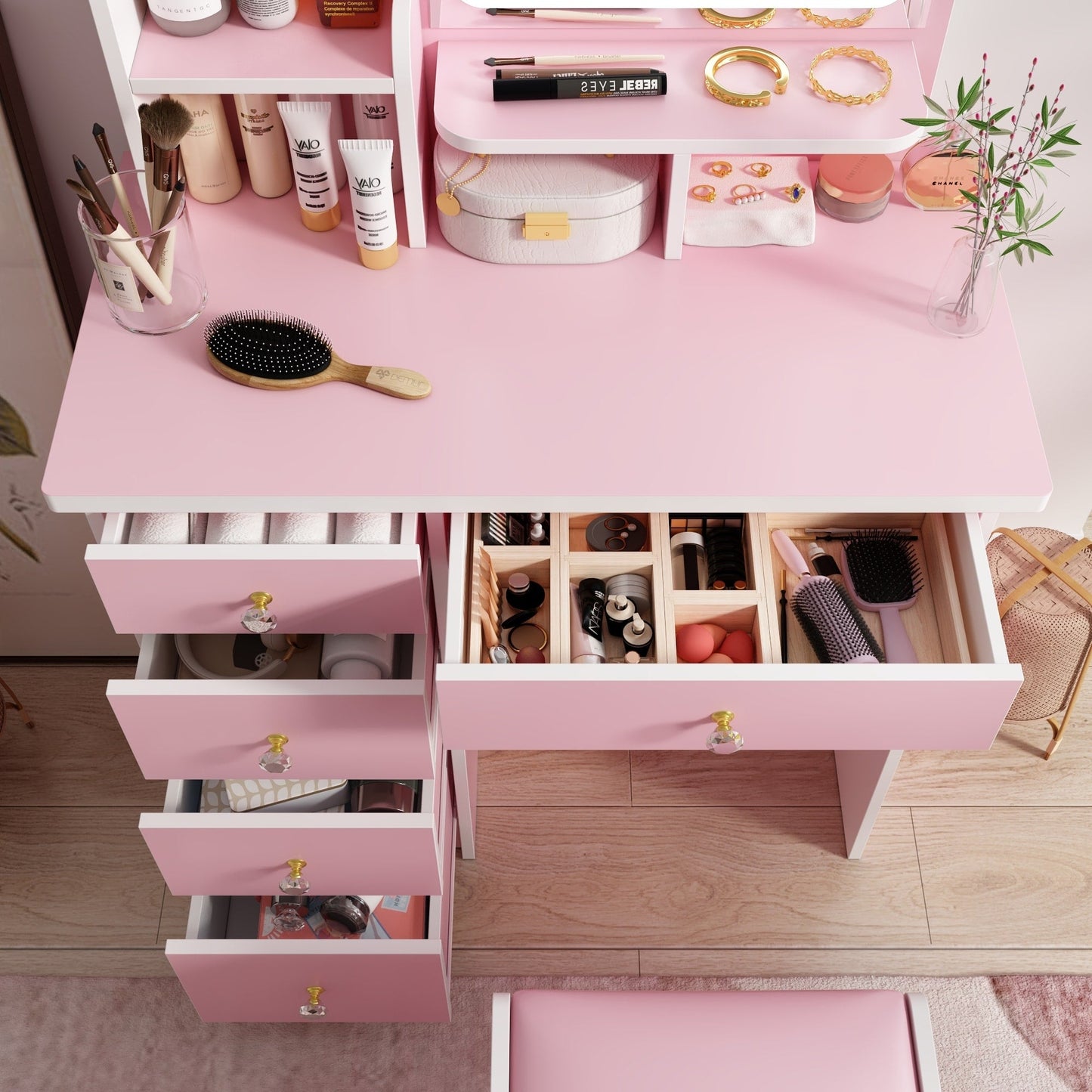 Table de maquillage avec miroir et tabouret à éclairage LED