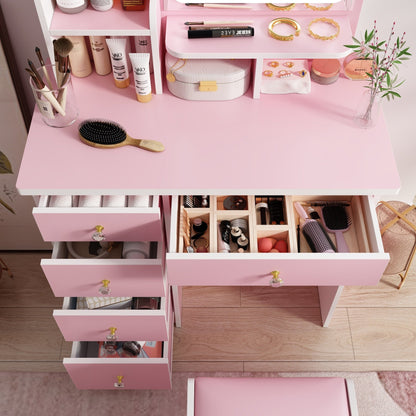 Table de maquillage avec miroir et tabouret à éclairage LED