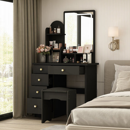 Table de maquillage avec miroir et tabouret à éclairage LED