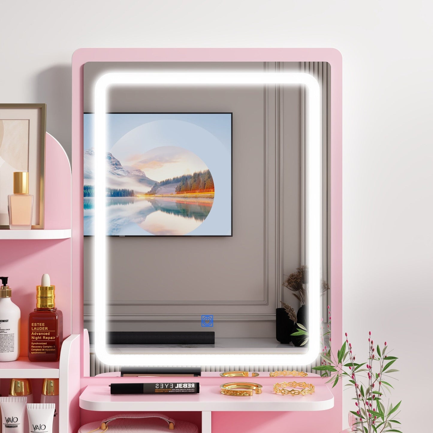 Table de maquillage avec miroir et tabouret à éclairage LED