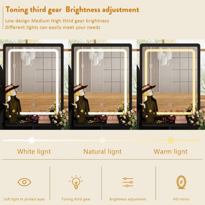 Table de maquillage avec miroir et tabouret à éclairage LED