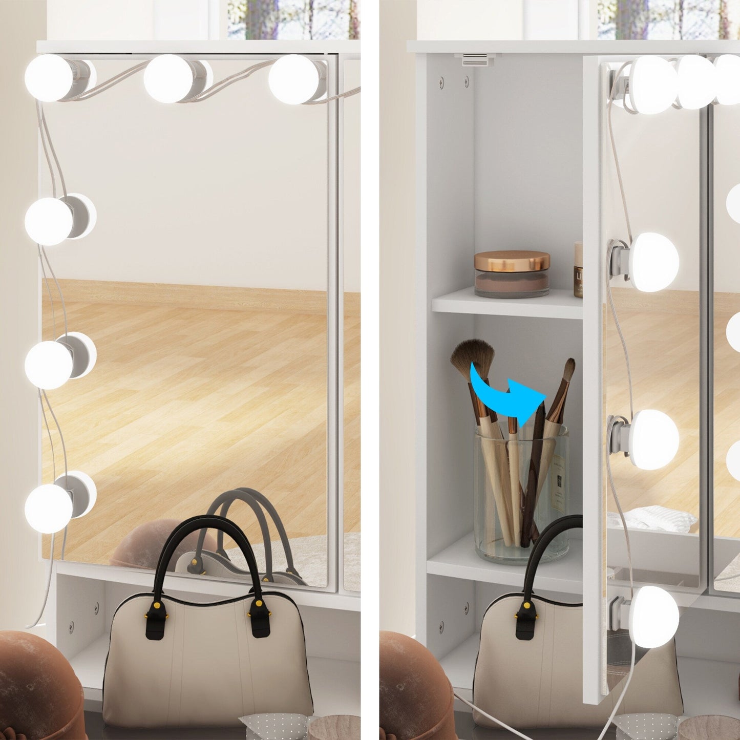 Coiffeuse avec miroir à trois volets, éclairage certifié et plateau en verre.