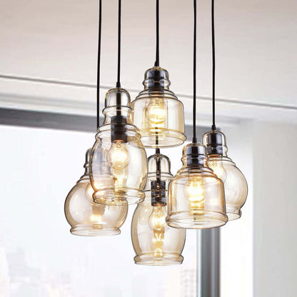 Suspension à 6 lumières Mariana, verre Cognac, noir antique et base ronde