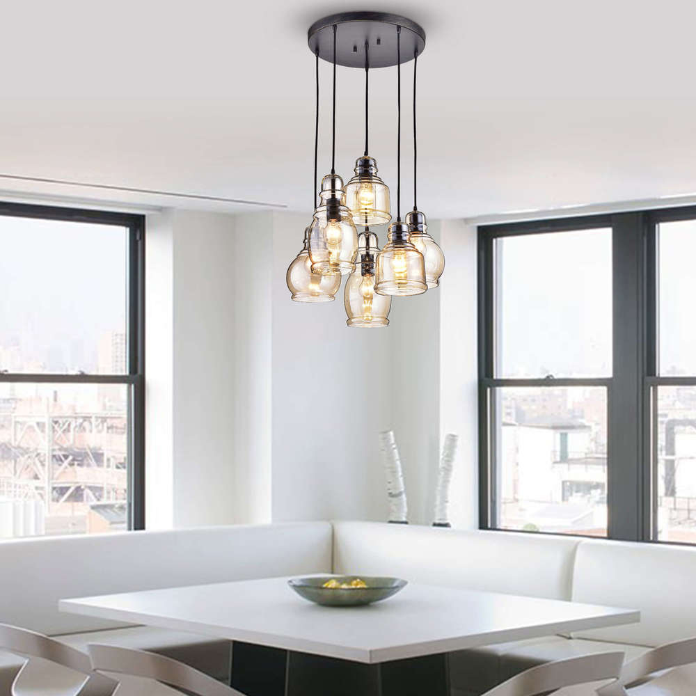 Suspension à 6 lumières Mariana, verre Cognac, noir antique et base ronde