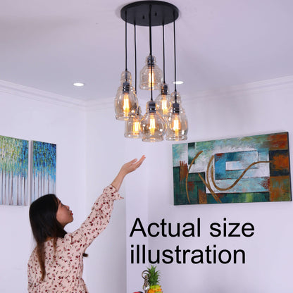 Suspension à 6 lumières Mariana, verre Cognac, noir antique et base ronde