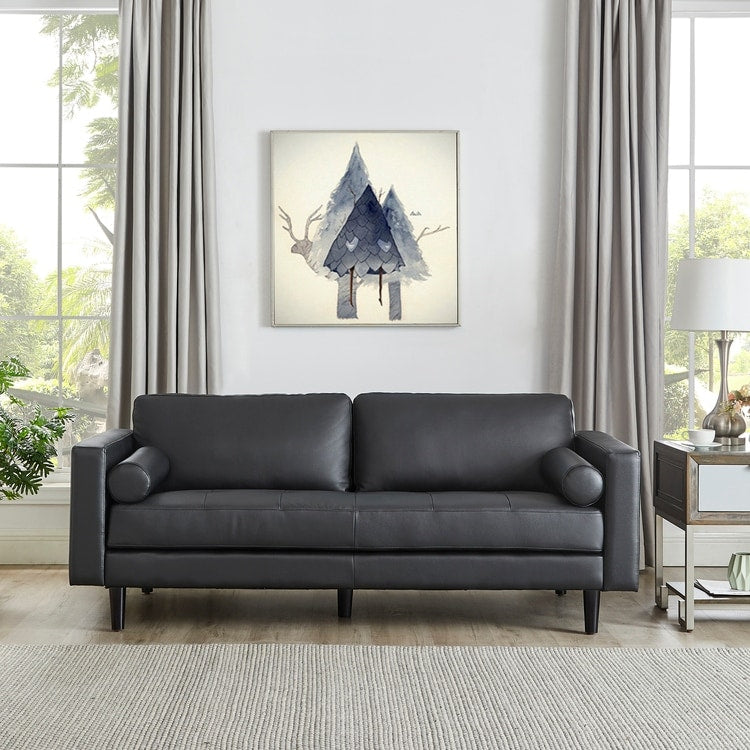 Canapé moderne en cuir véritable avec pieds en bois et coussin supplémentaire.