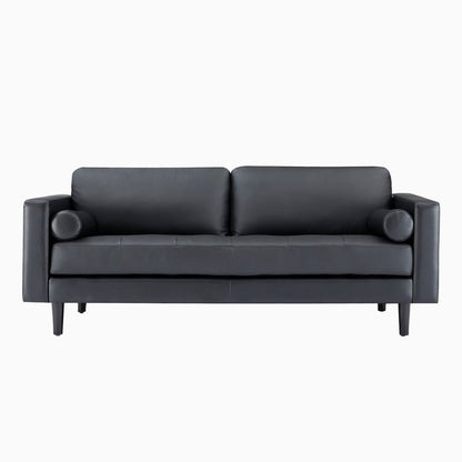 Canapé moderne en cuir véritable avec pieds en bois et coussin supplémentaire.