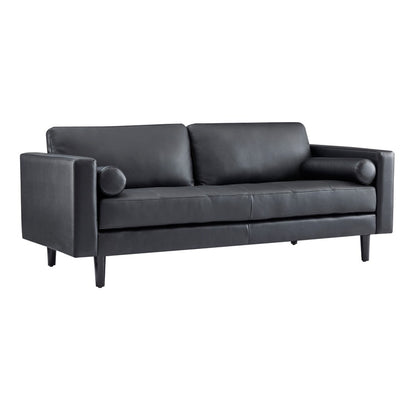 Canapé moderne en cuir véritable avec pieds en bois et coussin supplémentaire.