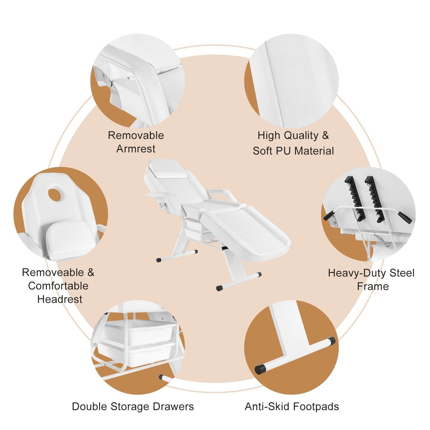 Chaise de salon de massage, chaise de tatouage, lit de spa, lit de soins du visage, blanc.