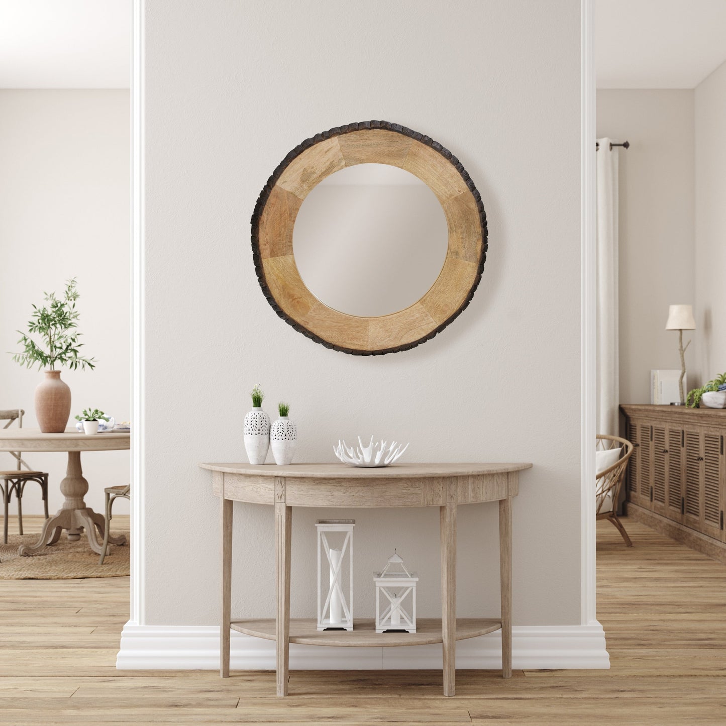 Miroir mural rond en bois avec bord naturel Meredith de River of Goods - 77,5 x 2,5 x 77,5 cm