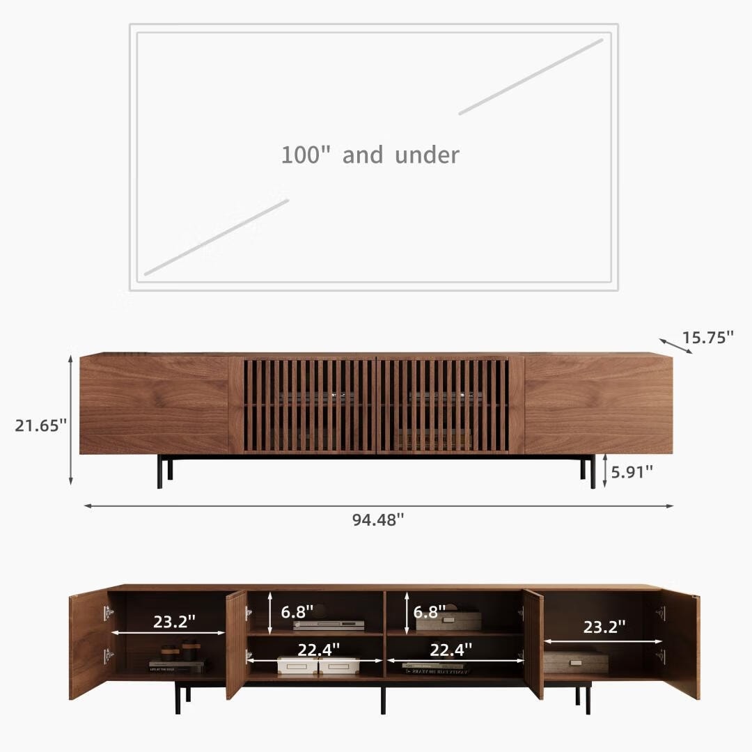 Meuble TV style Mid-Century Modern avec 4 portes et rangements, compatible avec les télévisions jusqu'à 100 pouces, meuble de salon pour système multimédia.