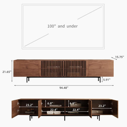 Meuble TV style Mid-Century Modern avec 4 portes et rangements, compatible avec les télévisions jusqu'à 100 pouces, meuble de salon pour système multimédia.