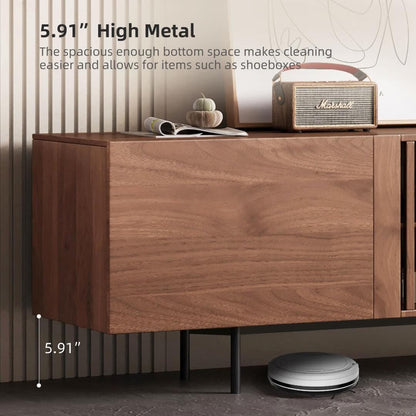 Meuble TV style Mid-Century Modern avec 4 portes et rangements, compatible avec les télévisions jusqu'à 100 pouces, meuble de salon pour système multimédia.