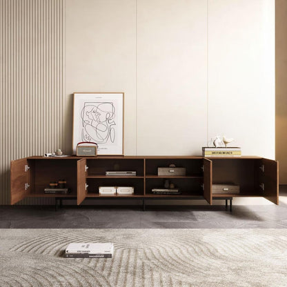 Meuble TV style Mid-Century Modern avec 4 portes et rangements, compatible avec les télévisions jusqu'à 100 pouces, meuble de salon pour système multimédia.