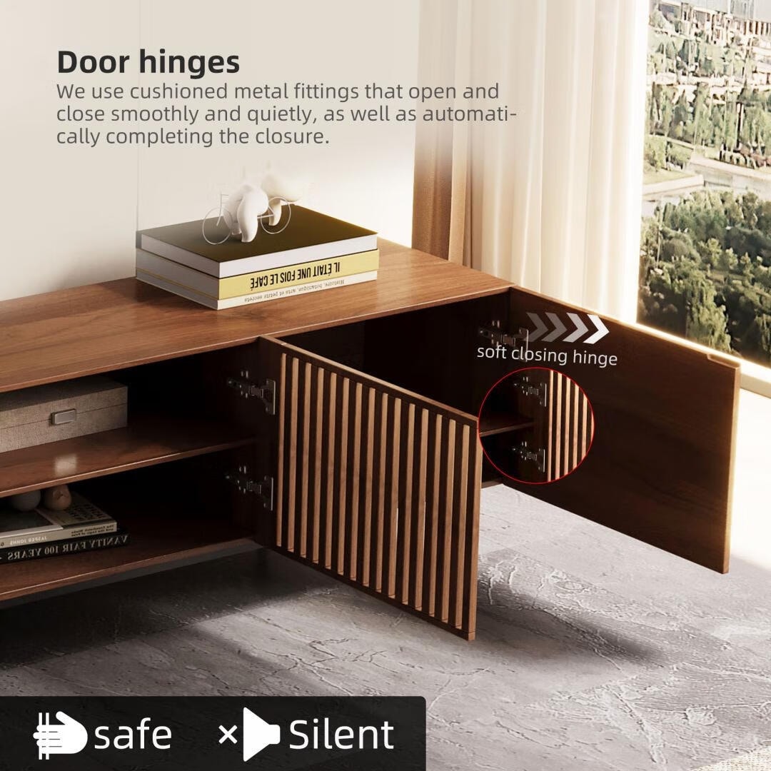 Meuble TV style Mid-Century Modern avec 4 portes et rangements, compatible avec les télévisions jusqu'à 100 pouces, meuble de salon pour système multimédia.