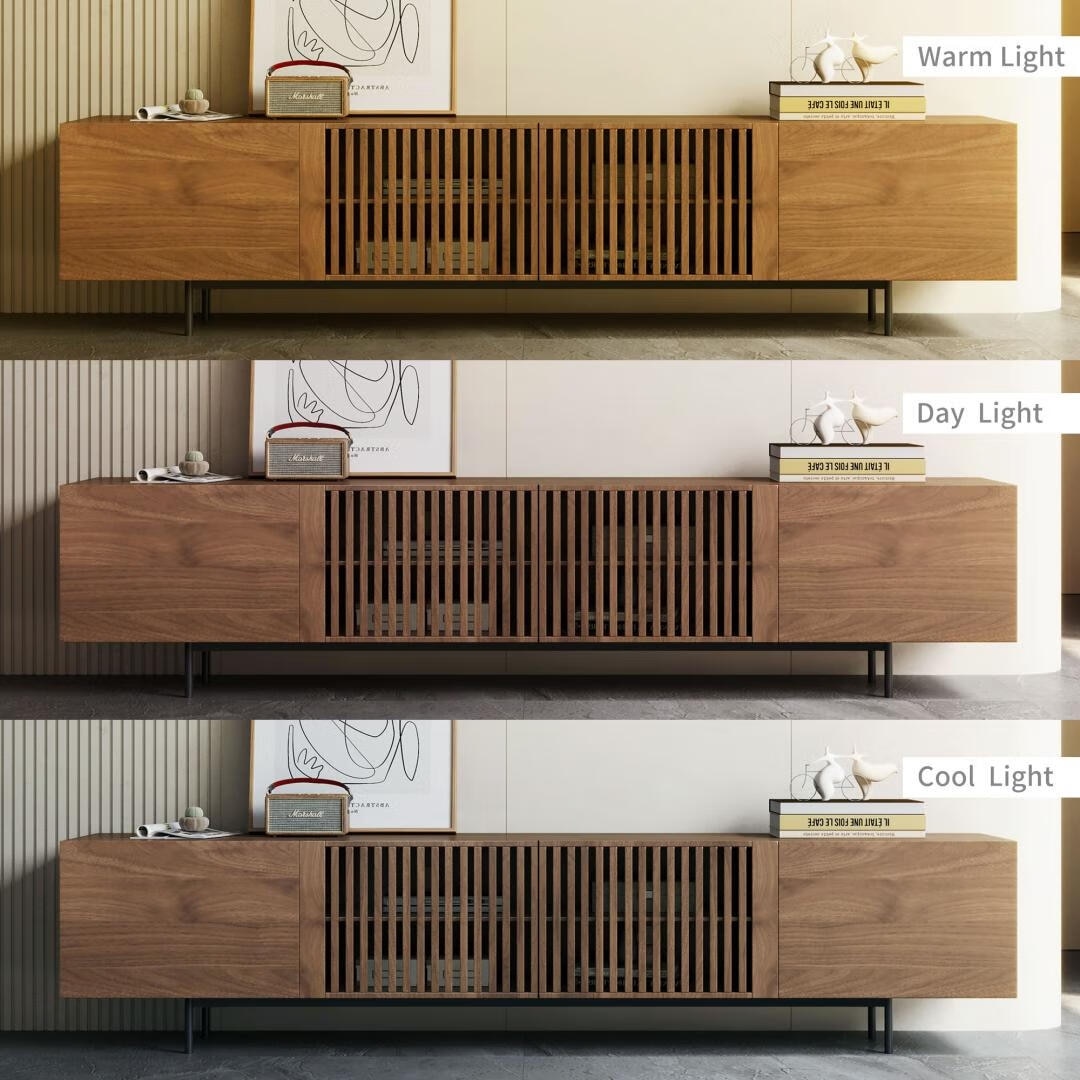 Meuble TV style Mid-Century Modern avec 4 portes et rangements, compatible avec les télévisions jusqu'à 100 pouces, meuble de salon pour système multimédia.