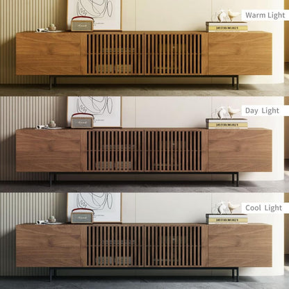 Meuble TV style Mid-Century Modern avec 4 portes et rangements, compatible avec les télévisions jusqu'à 100 pouces, meuble de salon pour système multimédia.