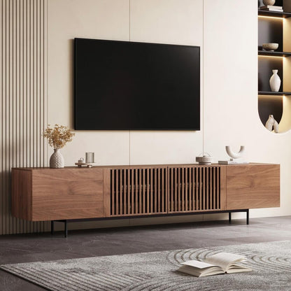 Meuble TV style Mid-Century Modern avec 4 portes et rangements, compatible avec les télévisions jusqu'à 100 pouces, meuble de salon pour système multimédia.