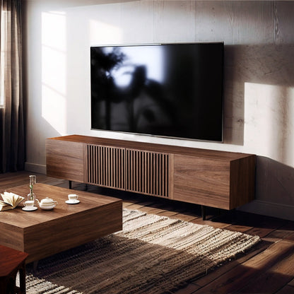 Meuble TV style Mid-Century Modern avec 4 portes et rangements, compatible avec les télévisions jusqu'à 100 pouces, meuble de salon pour système multimédia.