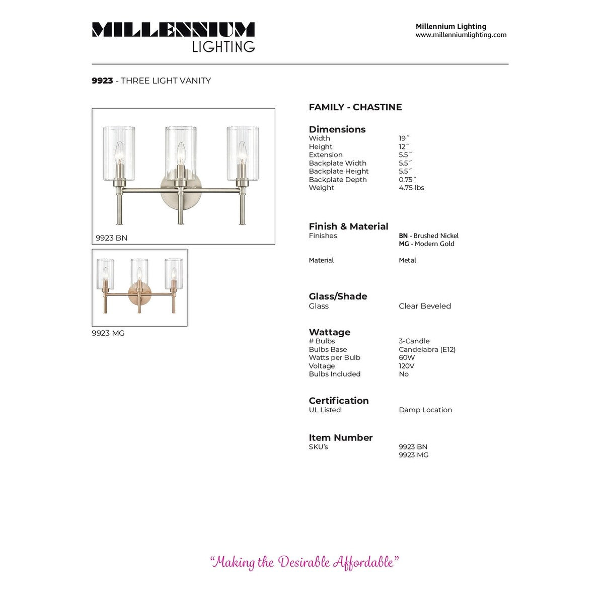 Millennium Lighting Lustre de salle de bain Chastine avec abat-jours en verre dépoli transparent
