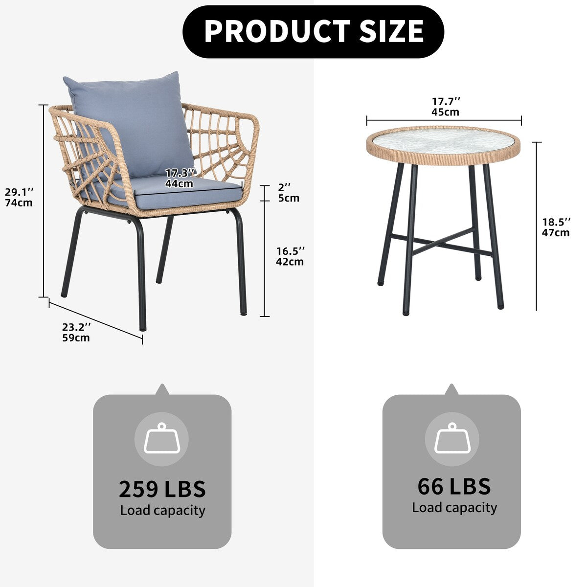 Moasis Ensemble de meubles de jardin en osier pour terrasse, composé de 3 pièces : 2 chaises et une table basse.