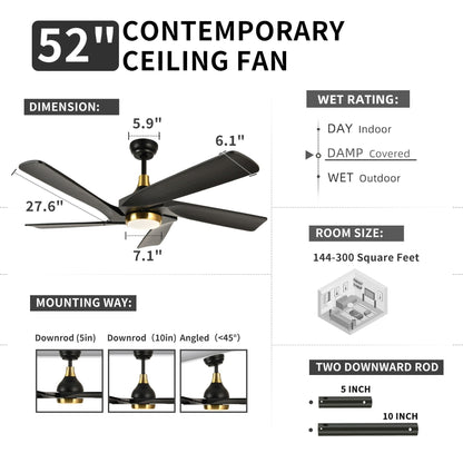 Moasis 52 Modern Remote Control Ceiling Fan with Lights and 5 Solid Wood Blades