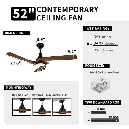 Moasis 52 Modern Remote Control Ceiling Fan with Lights and 5 Solid Wood Blades