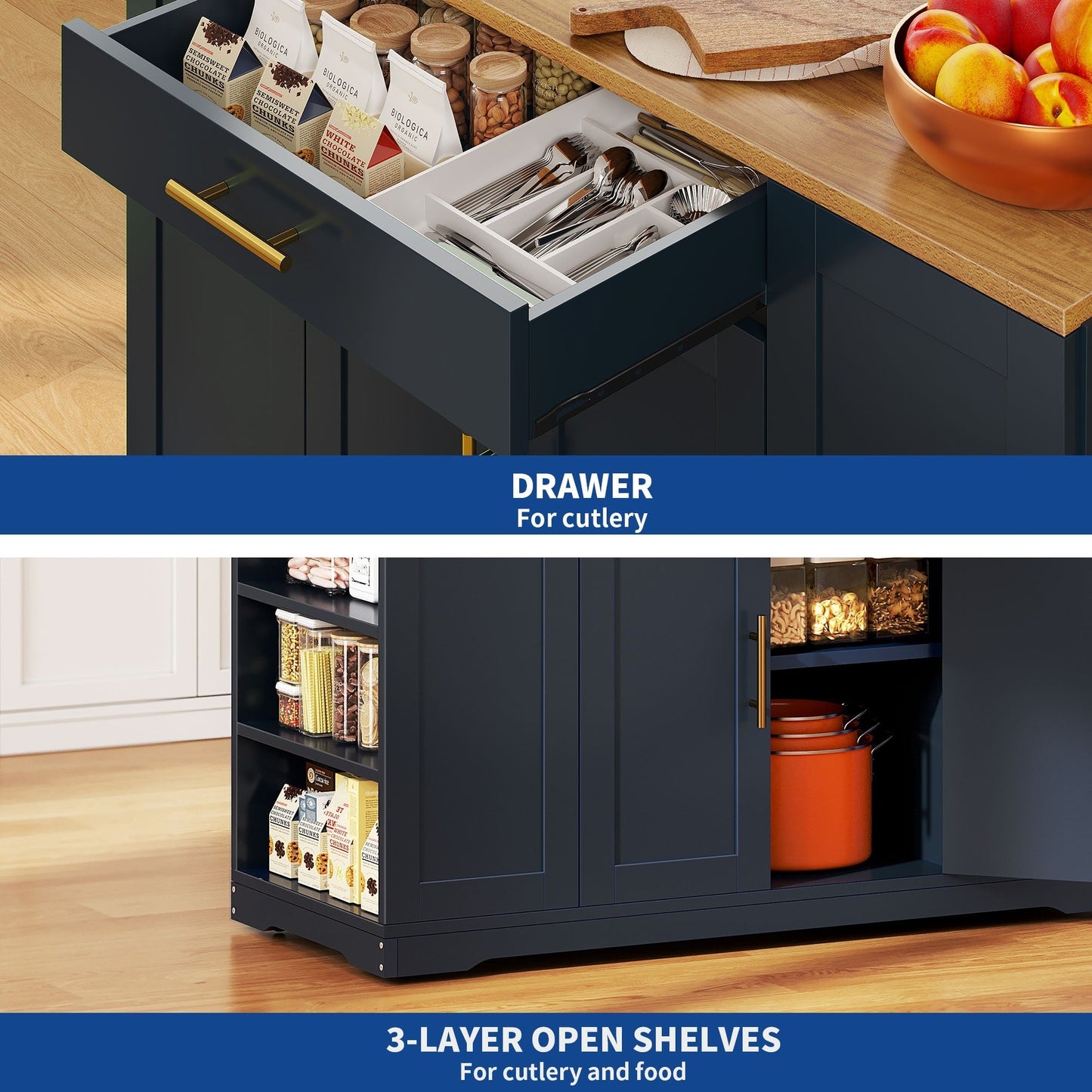 Moasis Meuble de rangement roulant pour îlot de cuisine, 53 pouces, chariot de cuisine mobile portable