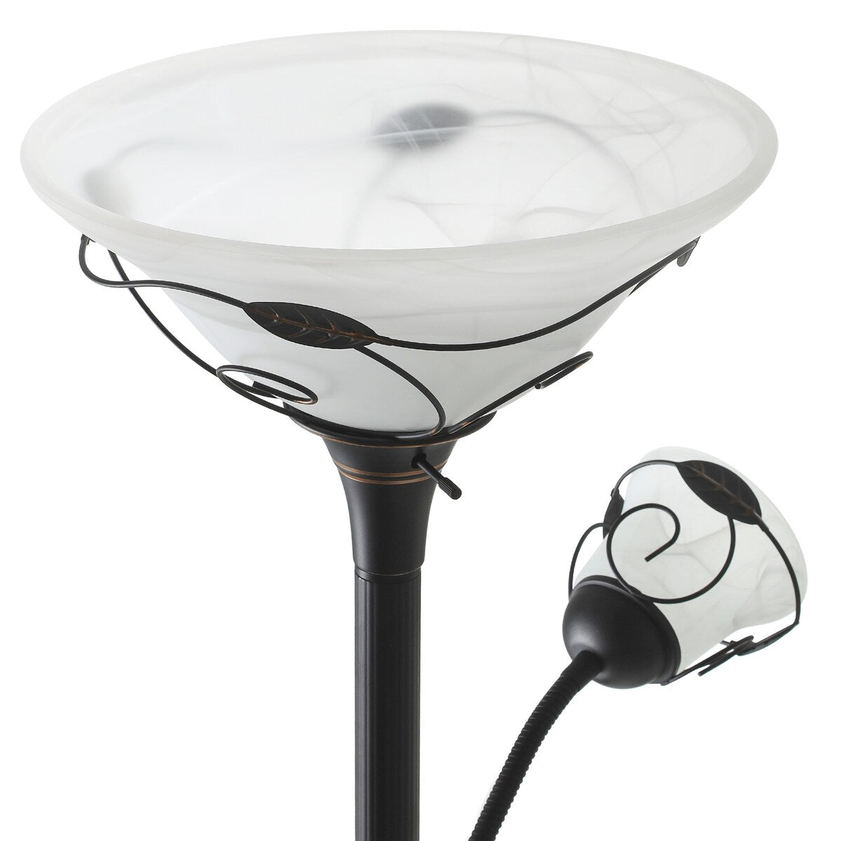 Moasis 71 Traditional Torchiere Floor Lamp with Adjustable Reading Light, Alabaster glass shades - 71H