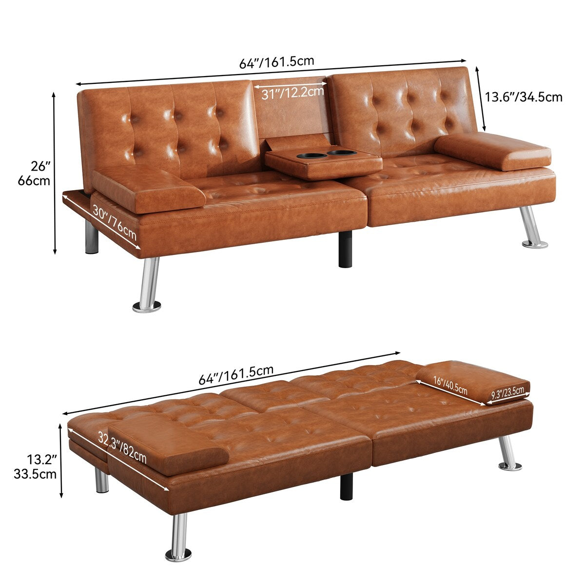 Canapé-lit futon Moasis en simili cuir, ensemble futon pliable moderne - 64 L x 30 l x 26 h (dimensions en pouces)