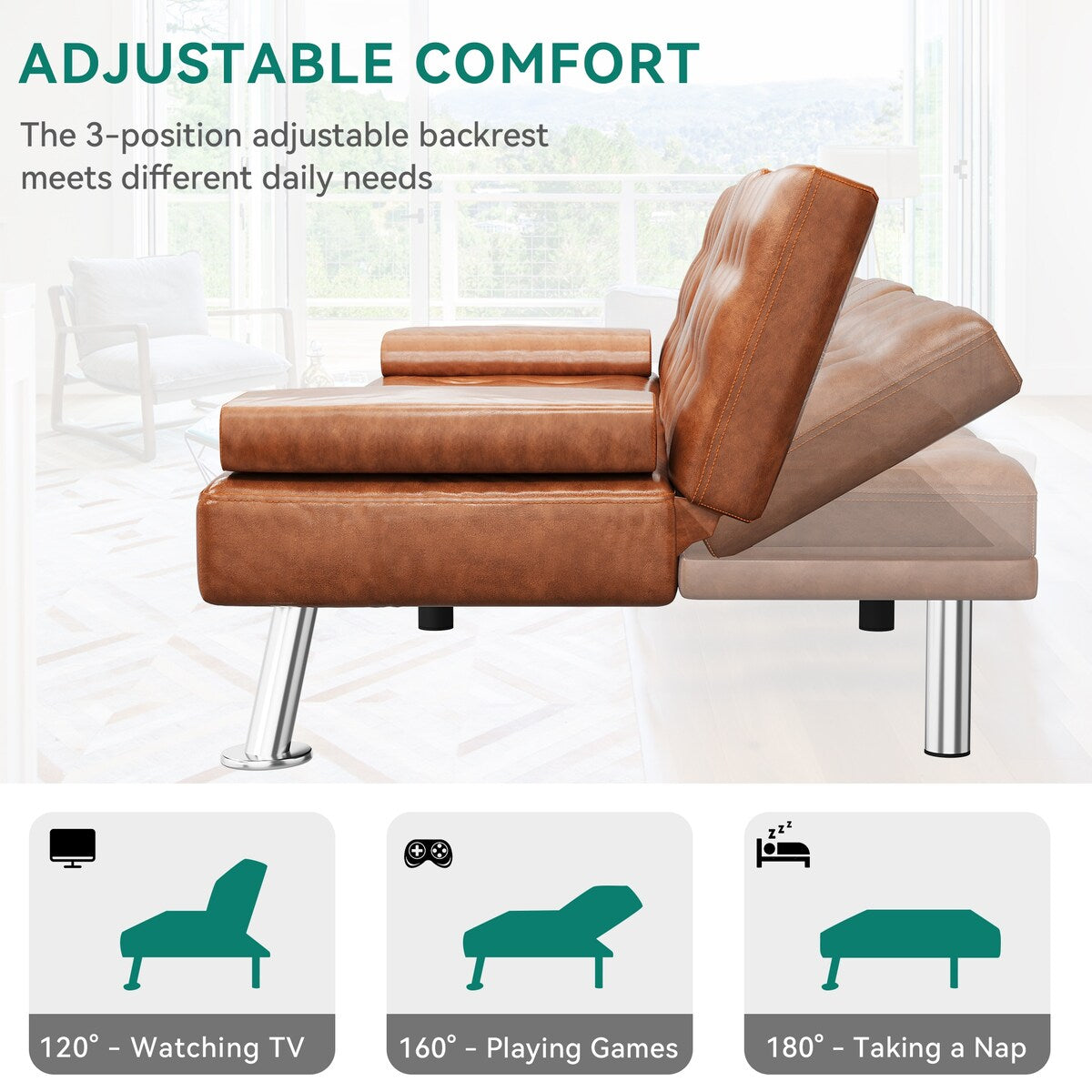 Canapé-lit futon Moasis en simili cuir, ensemble futon pliable moderne - 64 L x 30 l x 26 h (dimensions en pouces)