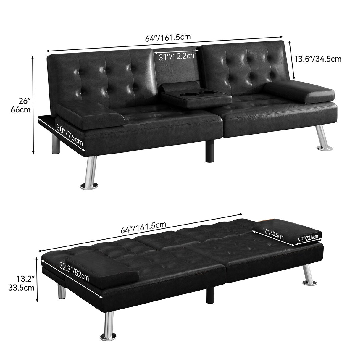 Canapé-lit futon Moasis en simili cuir, ensemble futon pliable moderne - 64 L x 30 l x 26 h (dimensions en pouces)