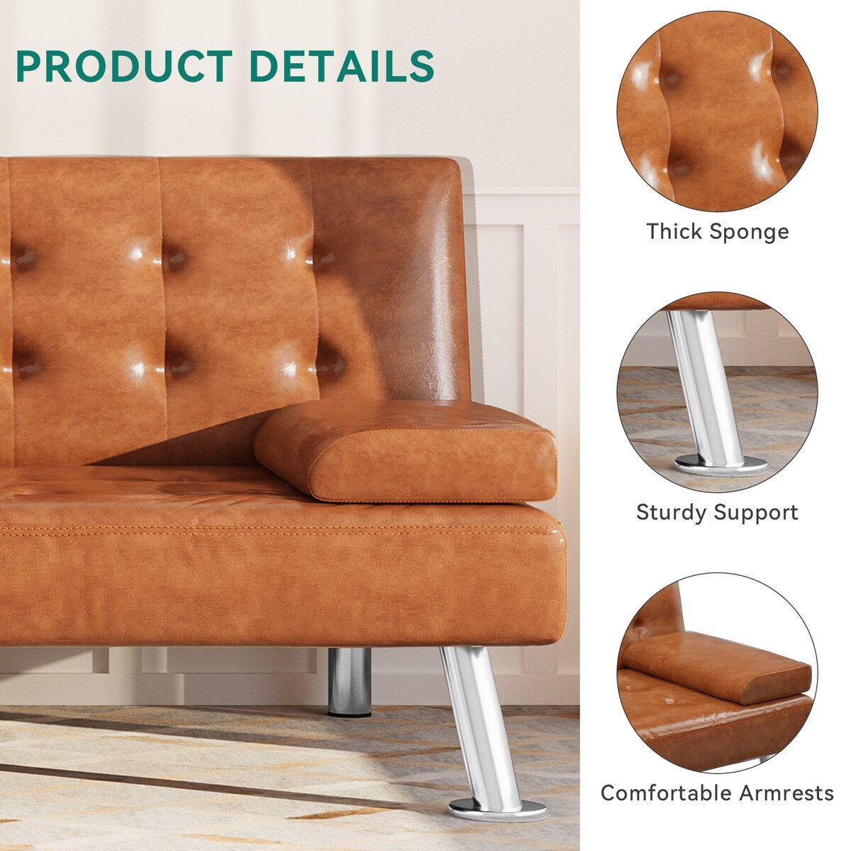 Canapé-lit futon Moasis en simili cuir, ensemble futon pliable moderne - 64 L x 30 l x 26 h (dimensions en pouces)