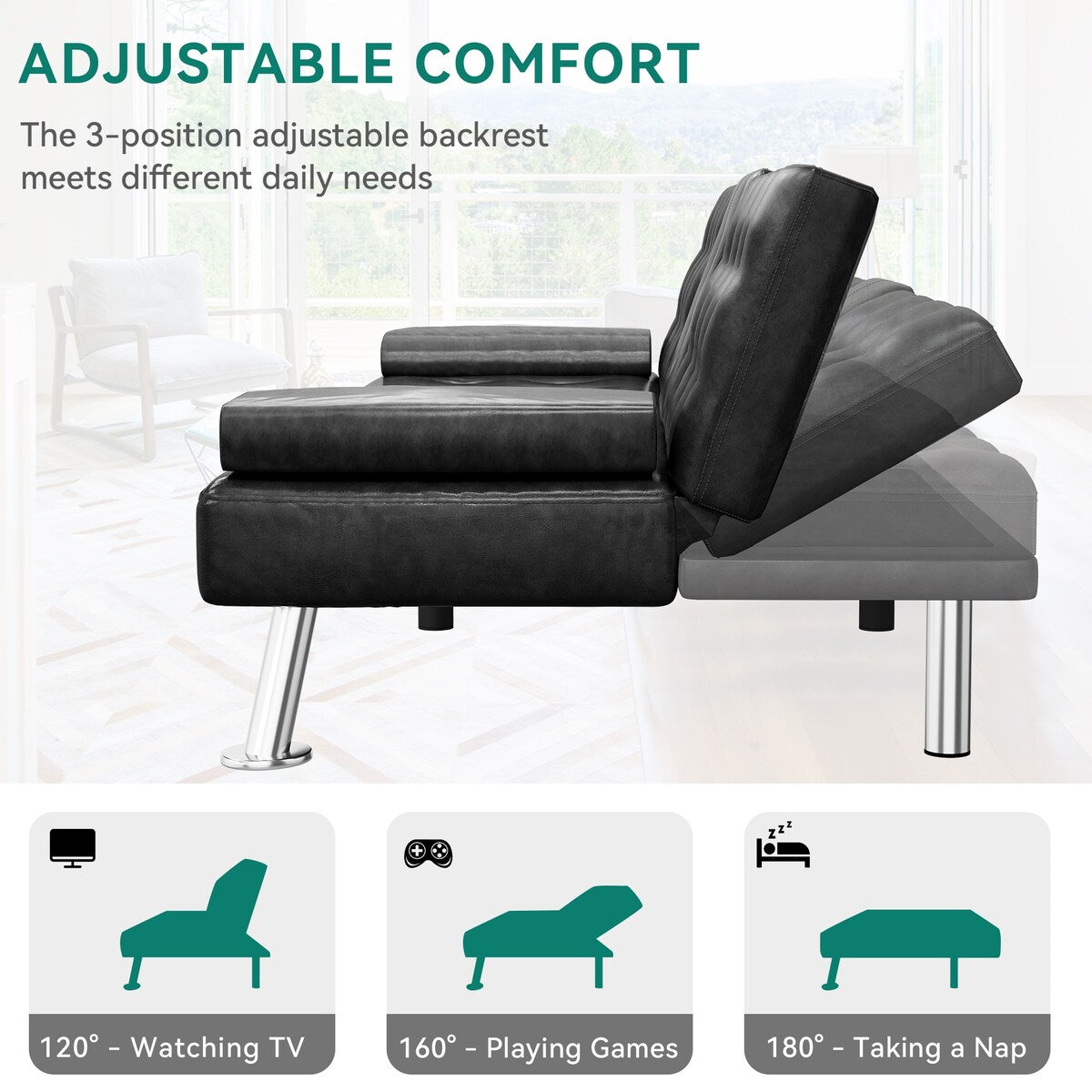 Canapé-lit futon Moasis en simili cuir, ensemble futon pliable moderne - 64 L x 30 l x 26 h (dimensions en pouces)