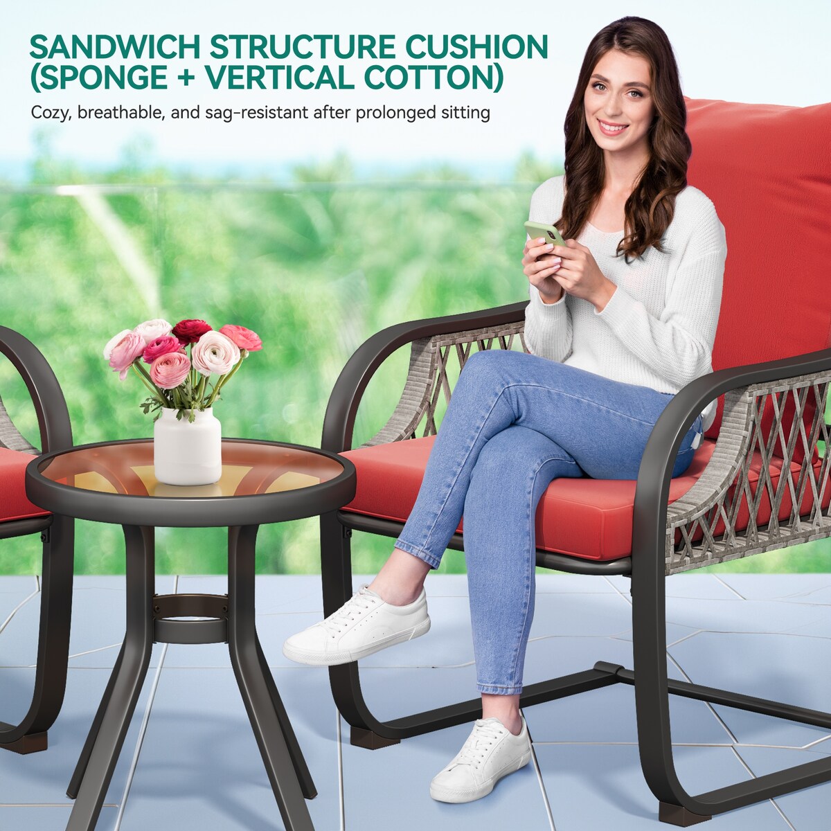 Ensemble de bistro pour terrasse Moasis rouge, 3 pièces, avec sièges rembourrés - 3 pièces