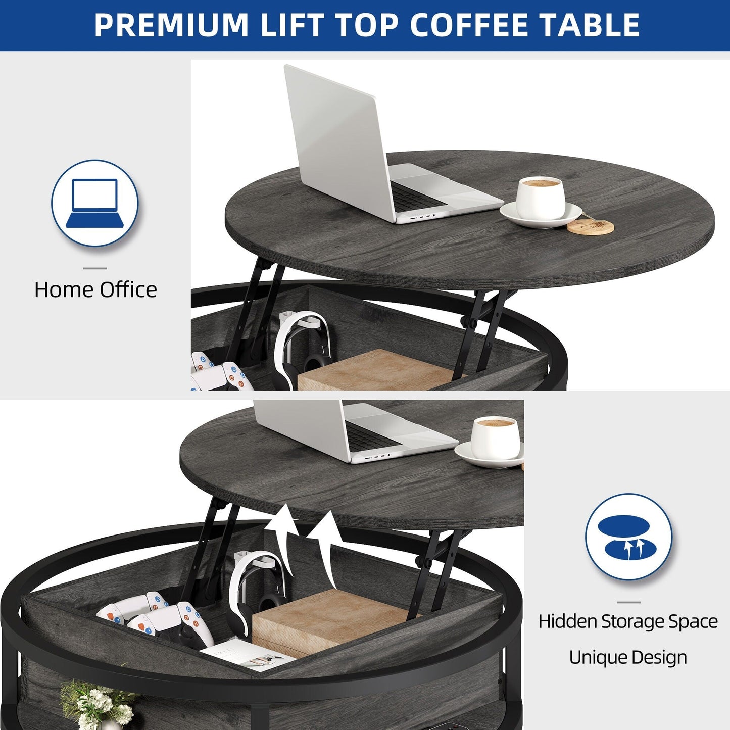 Moasis Round Lift Top Coffee Table with Hidden Storage