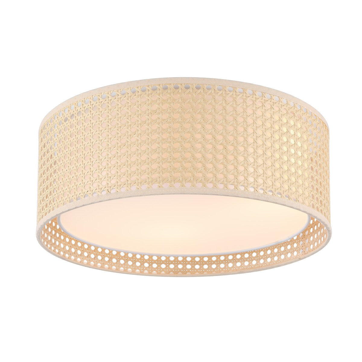 WINGBO Modern 3-Light Flush Mount Ceiling Light Fixture with Rattan & Fabric Double Drum Shade