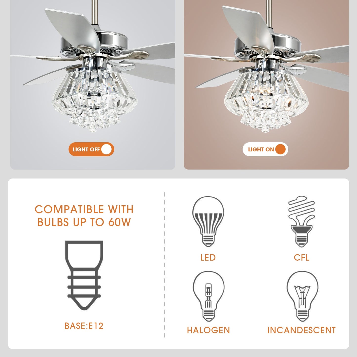 Ventilateur de plafond à lustre en cristal chromé moderne de 52 pouces avec télécommande