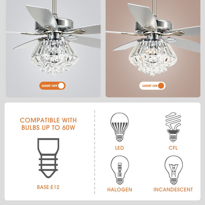 Ventilateur de plafond à lustre en cristal chromé moderne de 52 pouces avec télécommande