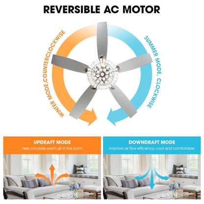 Ventilateur de plafond à lustre en cristal chromé moderne de 52 pouces avec télécommande