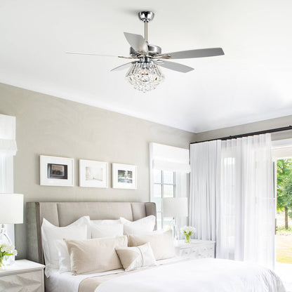 Ventilateur de plafond à lustre en cristal chromé moderne de 52 pouces avec télécommande