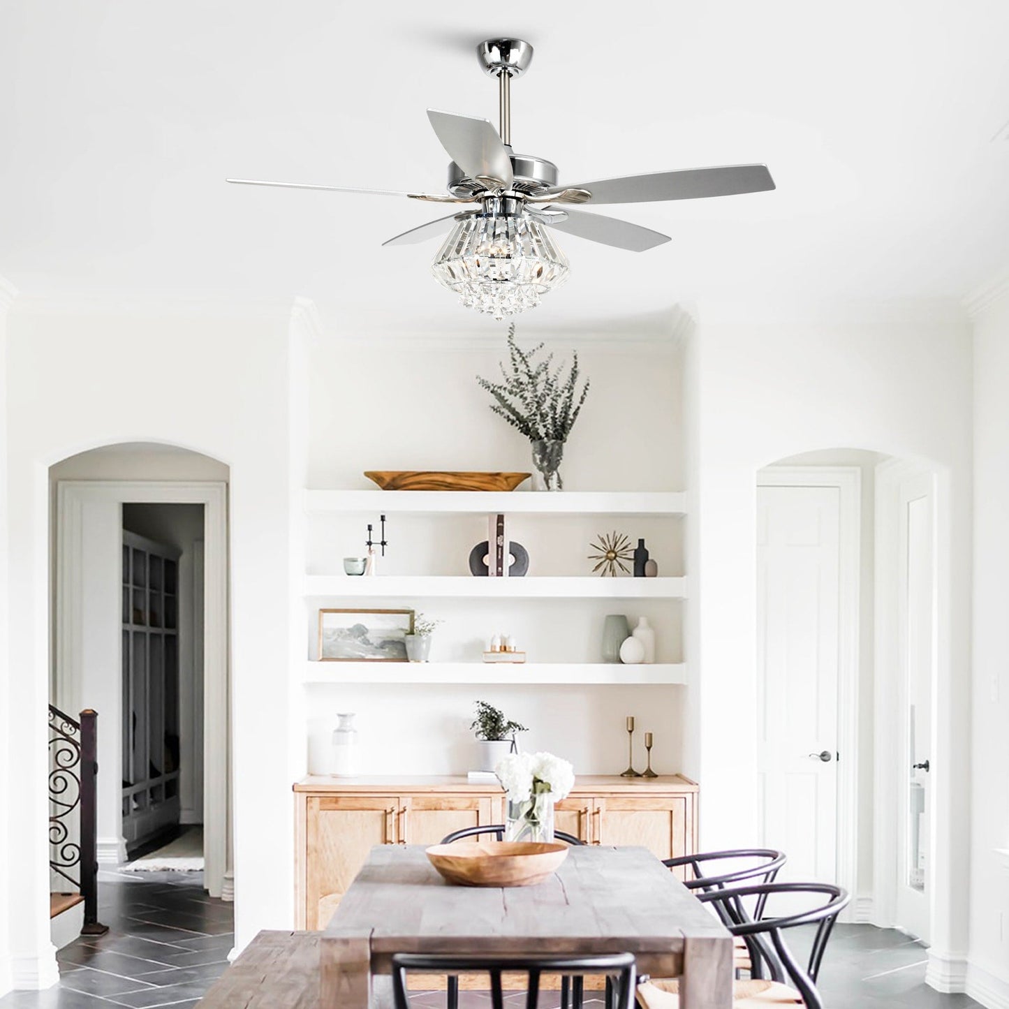 Ventilateur de plafond à lustre en cristal chromé moderne de 52 pouces avec télécommande