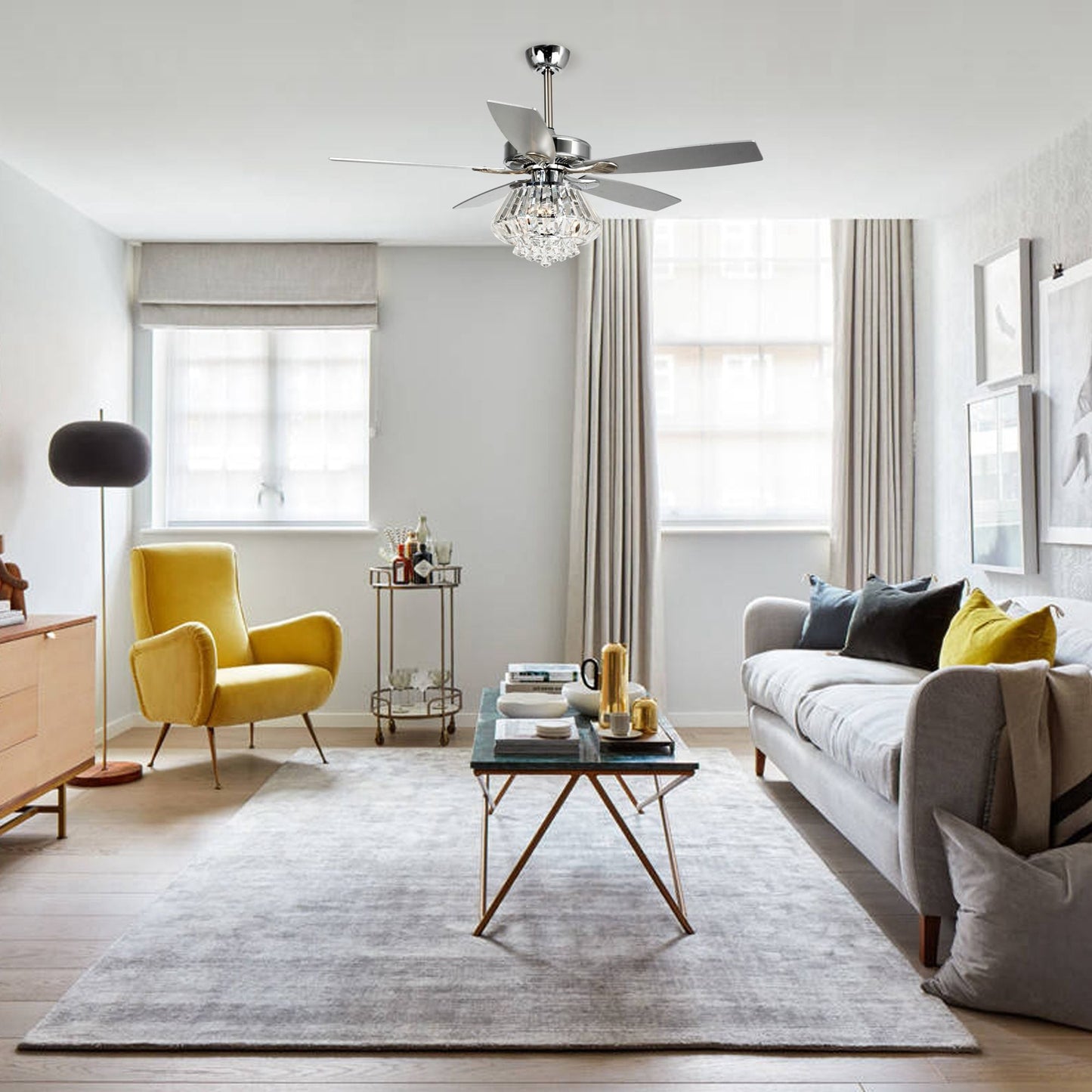 Ventilateur de plafond à lustre en cristal chromé moderne de 52 pouces avec télécommande