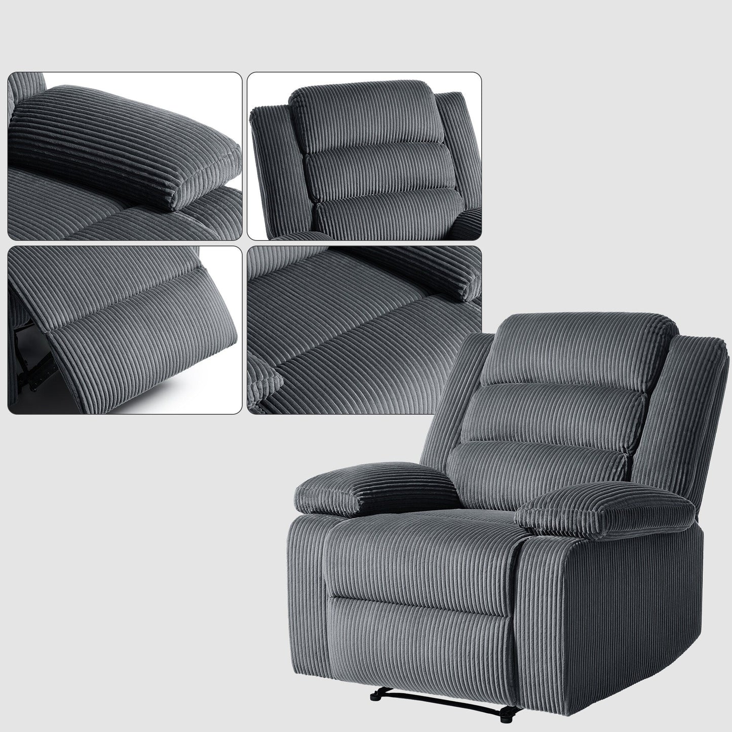 Fauteuil inclinable manuel en velours côtelé moderne, chaise longue inclinable réglable avec accoudoirs larges.